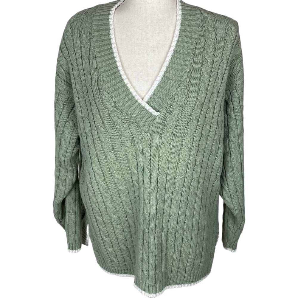 Vintage SK Wear L green cotton fisherman cable knit pullover sweater